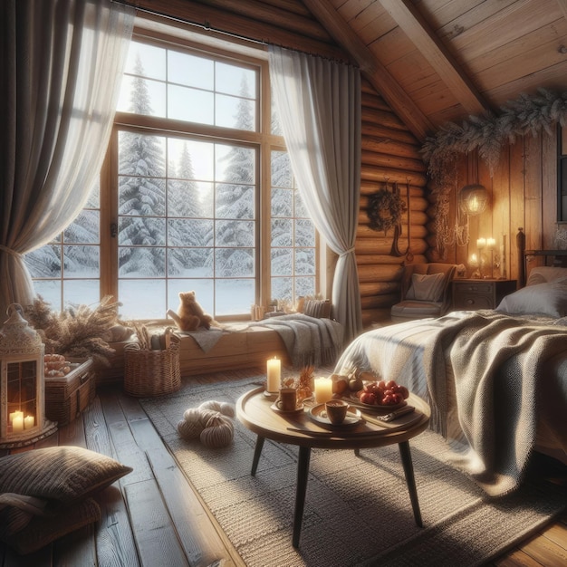 Zdjęcie komfort w lesie, śnieżna sypialnia, ucieczka w drewnianej chatce.