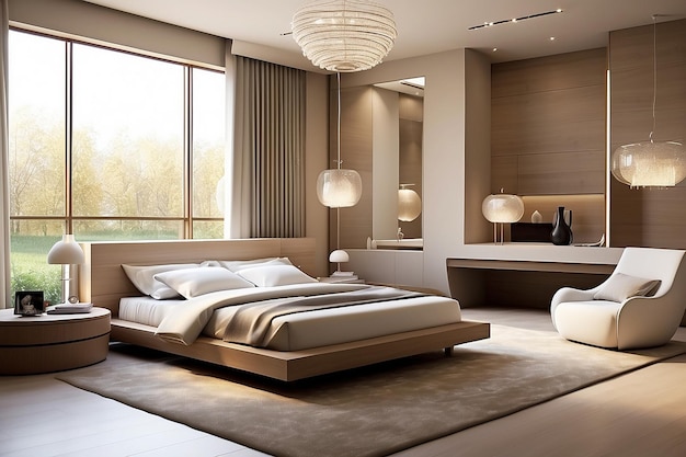 Komfortowa nowoczesna sypialnia z elegancką dekoracją i oświetleniem nowoczesna łóżnia