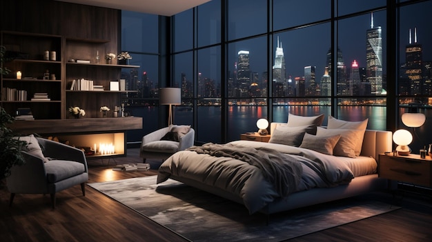 Komfortowa nowoczesna sypialnia z elegancką dekoracją i oświetleniem z widokiem na noc