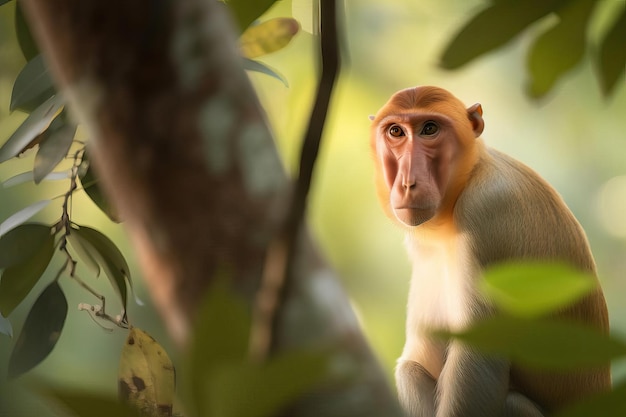 Komiczna małpa trąba wylegująca się na namorzynach Borneo