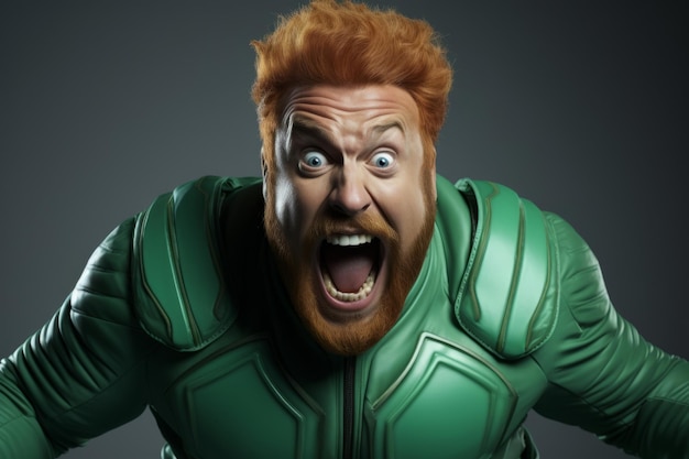 Zdjęcie komiczny portret grubego, rudego, brodatego mężczyzny w zielonym kostiumie superbohatera. zabawny, krzyczący facet przedstawia potężnego irlandzkiego supermana i gotowego pokonać każdego przeciwnika.