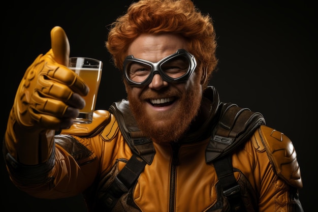 Zdjęcie komiczny portret grubego rudego, brodatego mężczyzny w żółtym kostiumie superbohatera noszącego okulary ze szkłem