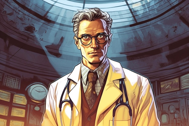 Komiksowa okładka przedstawiająca lekarza w fartuchu laboratoryjnym i okularach.