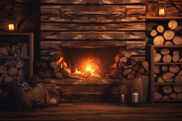 Kominek w domku z drewnianą podłogą i drewnianym stołem z tabliczką „ogień”