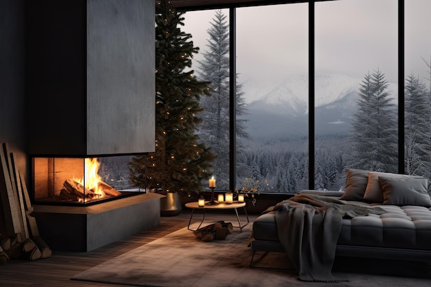 Kominek w nowoczesnym stylu panoramiczne okna na tle zimowego lasu