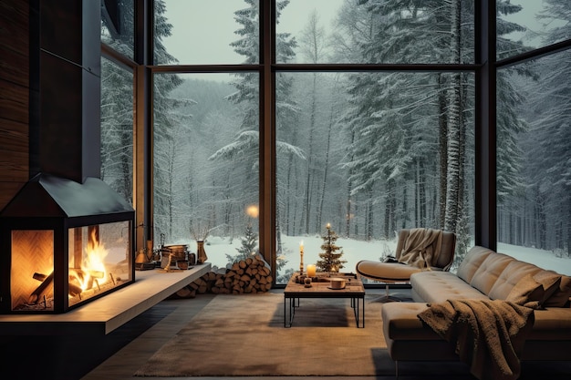 Kominek w nowoczesnym stylu panoramiczne okna na tle zimowego lasu