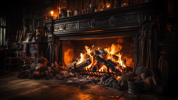 Zdjęcie kominek z płonącymi drewniami i świecami w ciemnym pokoju generatywny ai