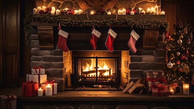 kominek z świątecznymi dekoracjami i świecami