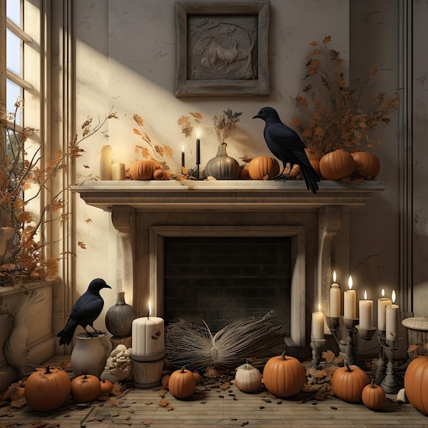 kominek ze świecami, dynie i inne przedmioty na płaszczu w pokoju ozdobione są jesiennymi liśćmi