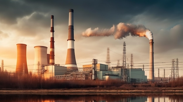 Kominy przemysłowe dymią z fabrycznych zanieczyszczeń Generative AI