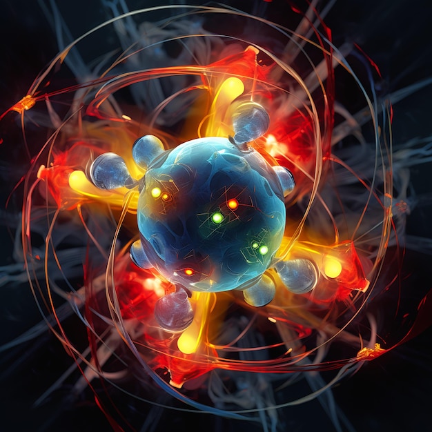 Zdjęcie komórka świecąca czerwonym żółtym światłem atomiczna istota sama w sobie abstrakcyjny produkt kwantowy jądrowy