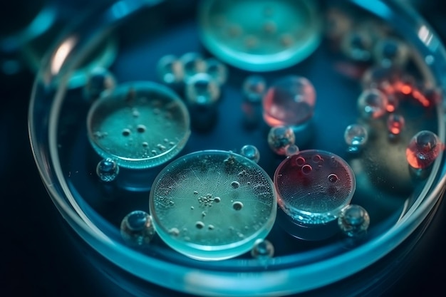 Komórki bakterii i wirusów na płytce Petriego w laboratorium naukowym Hodowle pleśni Eksperymentalne dla biochemii biotechnologia biologia laboratorium sztuczna inteligencja wygenerowana