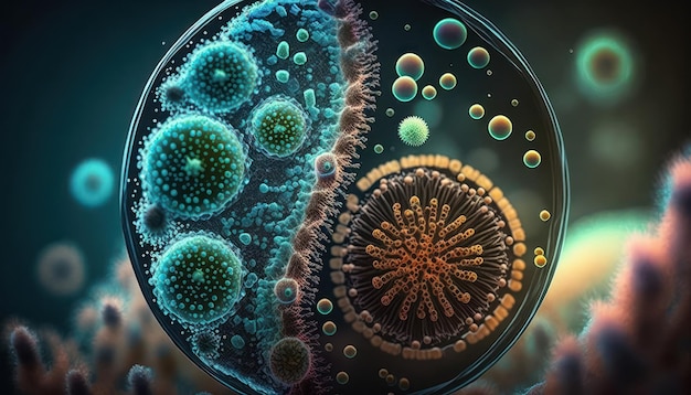 Komórki bakterii i wirusów Świat pod mikroskopem stworzony za pomocą technologii Generative AI