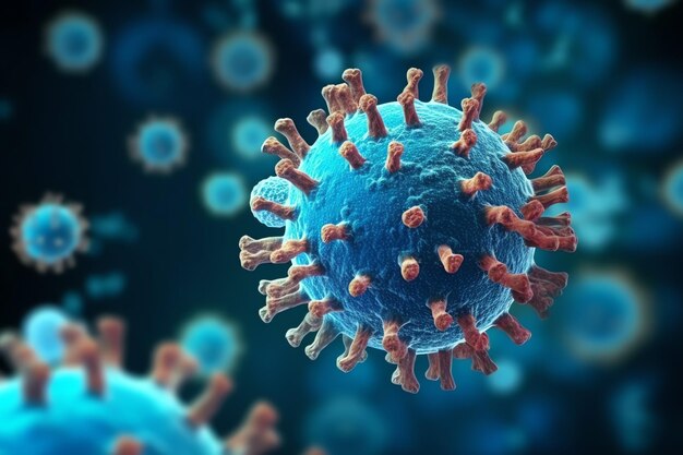 Komórki wirusa lub bakterie na niebieskim tle Wiele realistycznych cząstek koronawirusa unoszących się