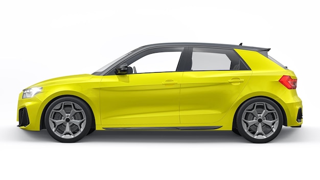 Kompaktowy miejski samochód premium w żółtym hatchbacku na białym tle ilustracji 3d