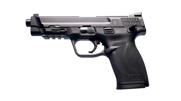 Kompaktowy pistolet Black Smith Wesson MP9 20 z charakterystyczną teksturą uchwytu na białym tle generowany przez sztuczną inteligencję
