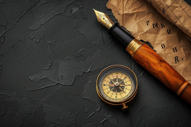 Kompas i papier są porządnie ułożone na drewnianym stole. Pióro jest otwarte i gotowe do użycia.