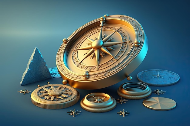 Kompas i złote monety na niebieskim tle cyfrowej ilustracji AI