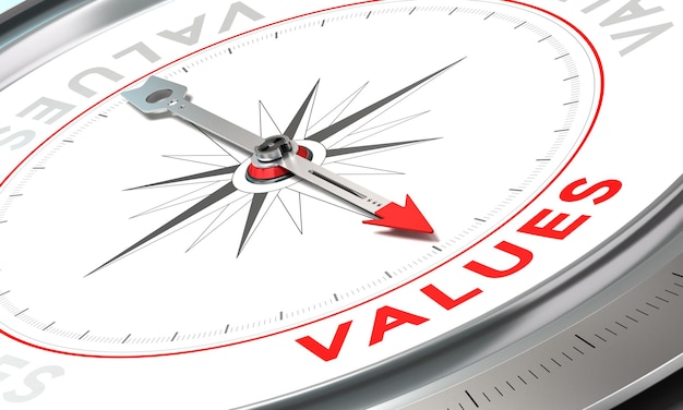 Zdjęcie kompas z igłą wskazującą wartości słów. koncepcyjna ilustracja część trzecia oświadczenia firmy, misja, wizja i wartość.