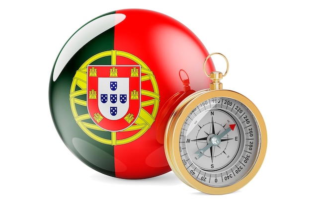 Kompas z portugalską flagą Podróże i turystyka w koncepcji Portugalii Renderowanie 3D