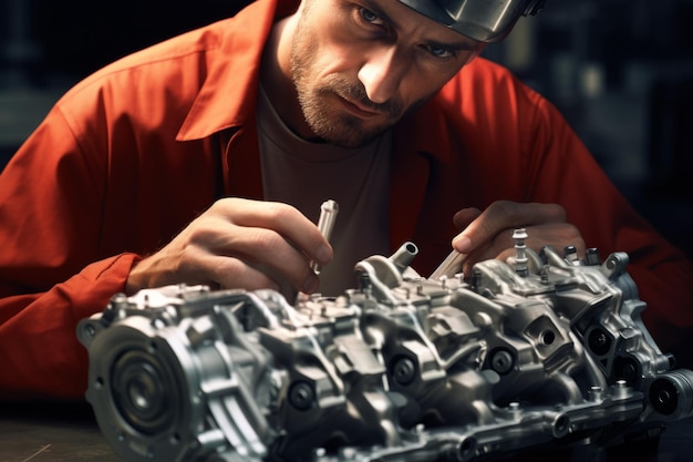 Kompleks przemysłu motoryzacyjnego koncentrujący się na silnikach fabryka samochodów linia produkcyjna warsztat naprawczy pracownicy człowiek
