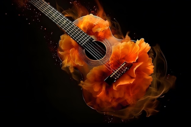 Zdjęcie kompozycja abstrakcyjna z gitarą i kwiatami na ciemnym tle sieć neuronowa ai generowana