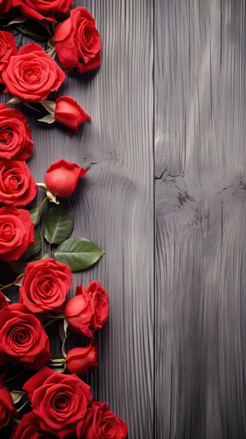Kompozycja czerwonej róży na drewnianym stole