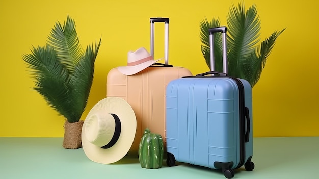 Kompozycja dla turystyki zawierająca walizki podróżne mumka i letni kapelusz oraz rośliny doniczkowe AI Generated