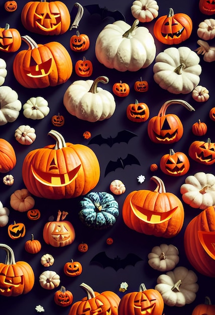 Kompozycja dyni na Halloween leżąca na niebieskiej powierzchni Dynie z rzeźbionymi twarzami