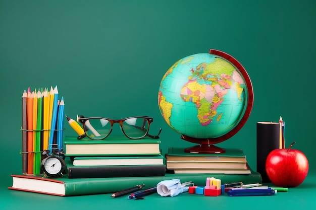 Kompozycja edukacyjna z globusem stos książek i materiałów szkolnych na zielonym tle