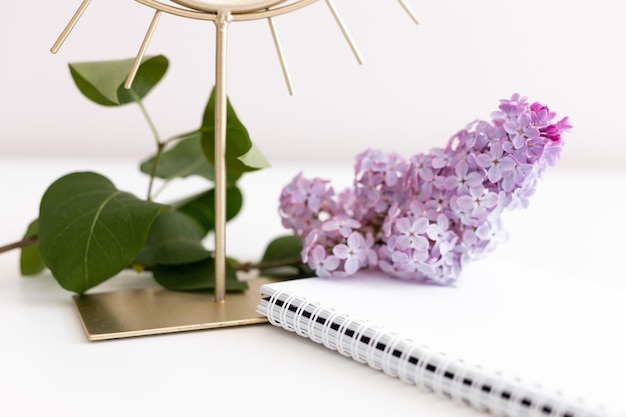 Kompozycja Flatlay z czystym papierowym notatnikiem liliowy kwiat lustro na białym drewnianym tle Flat