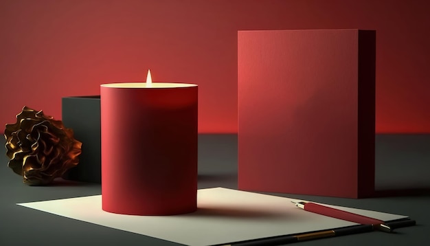 Kompozycja fotograficzna z płonącą świecą latającą wstążką serca na stole na czerwonym tle