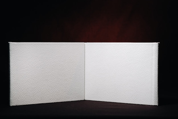 Zdjęcie kompozycja fotoksiążek w różnych rozmiarach z naturalnej białej skóry. biała księga na ciemnym tle.
