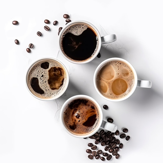 Kompozycja kawy Zestaw napojów kawowych w ceramicznych filiżankach widok z góry wygenerowany przez AI