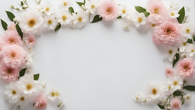 Kompozycja kwiatów Ramka wykonana z różowych kwiatów na białym tle