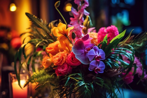 Kompozycja kwiatowa na bankiecie weselnym w restauracji