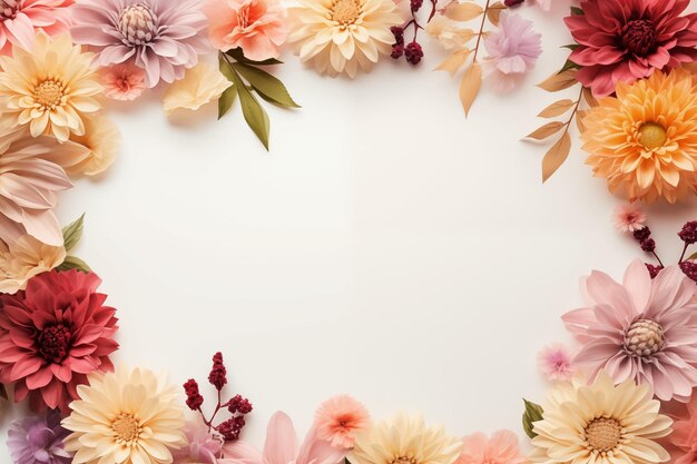 Kompozycja kwiatowa z granicą kolorowych kwiatów Górny widok w stylu płaskim ramka ślubna z co