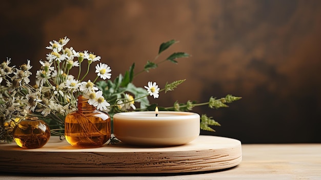 Zdjęcie kompozycja martwej natury na stole z roślinami leczniczymi i naturalnymi kosmetykami na drewnianym banerze reklamowym ilustracja zdrowego stylu życia wygenerowana przez sztuczną inteligencję