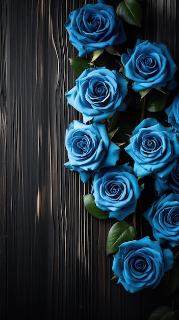 Kompozycja niebieskiej róży na drewnianym stole