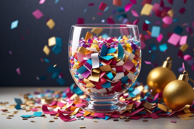 Kompozycja noworoczna z kolorowymi konfetami w szkle