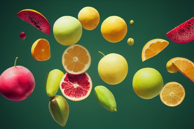 Kompozycja owoców unosząca się w powietrzu Pokrojone pomarańcze jabłka smocze jabłko latające plastry