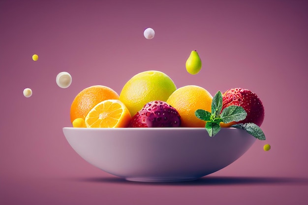 Kompozycja owocowa Biały talerz z owocami w jogurcie pomarańcza jeżyna malina grejpfrut