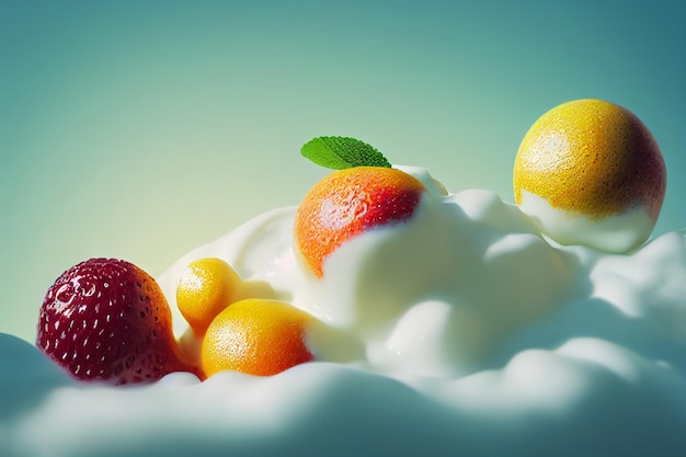 Kompozycja owocowa z jasnym tłem Owoce w jogurcie truskawki pomarańczowy