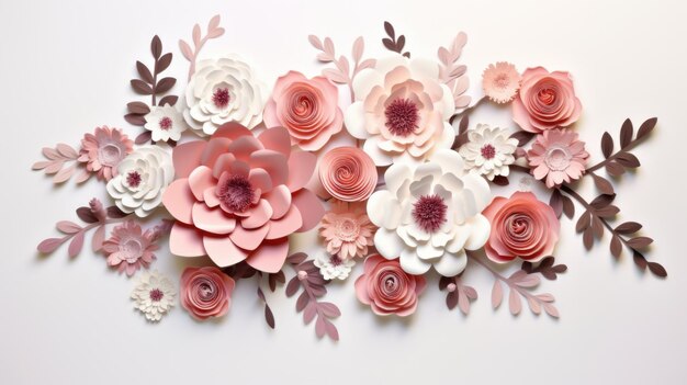 Kompozycja papieru z wielokolorowych 3D kwiatów i liści na białym tle