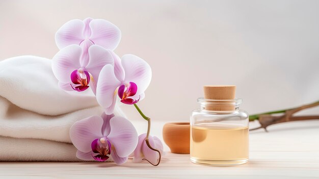 Zdjęcie kompozycja spa biały ręcznik kwiat orchidei i słoik z olejem aromatycznym produkty do relaksu i zdrowia