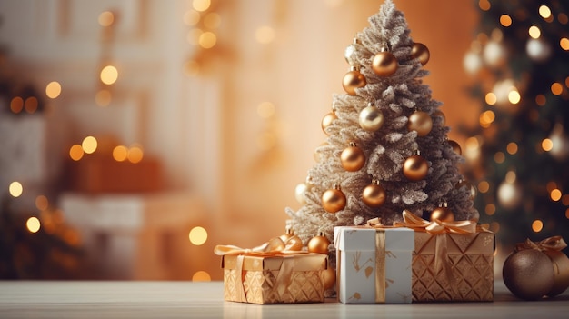 Kompozycja świąteczna Drzewo świąteczne ze złotymi kulkami Białe prezenty na tle bokeh i Chri