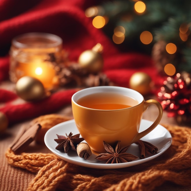 kompozycja świąteczna z filiżanką przypraw do herbaty na dzianinowym elemencie świątecznego napoju w tle