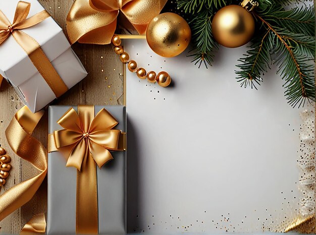 Kompozycja świąteczna z prezentami złote gałęzie sosny dekoracje na białym tle