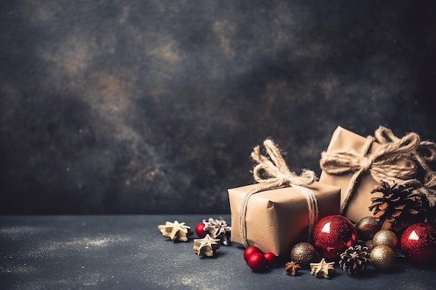 Kompozycja świąteczna z pudełkami na prezenty karty kulki gałęzie jodły szyszki z miejsca na kopię Boże Narodzenie