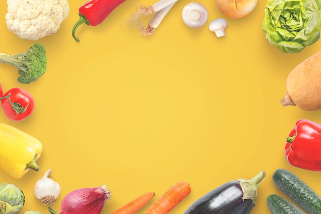 Kompozycja świeżych warzyw organicznych na żółtym stole z miejscem na kopię pośrodku